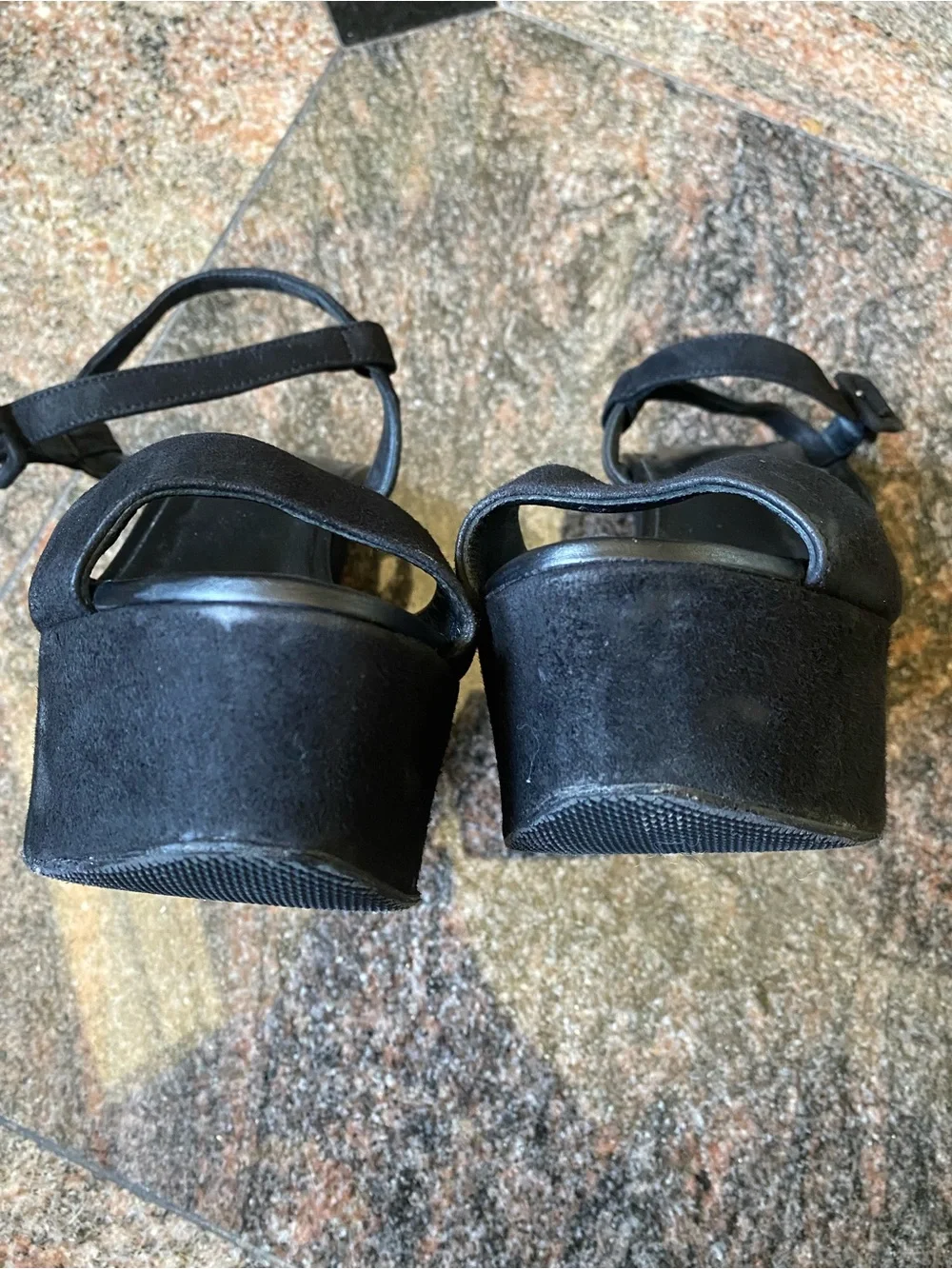 L Silla Black Suede Platform Block Heel Sandals, Size 8